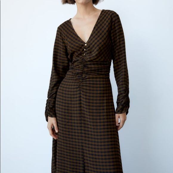 ZARA DRAPED PLAID DRESS BLACK / GREEN - Picture 3 of 10